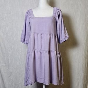 Beyond Words Tiered Dress SZ S Lilac Square Neck Puff Sleeves Mini Cottagecore